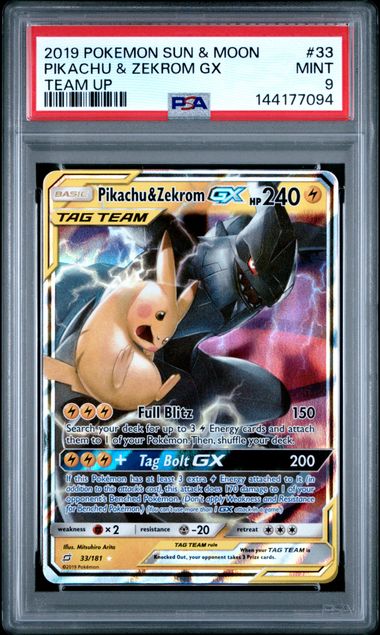 PSA9 2019 POKEMON SUN & MOON TEAM UP #33 PIKACHU & ZEKROM GX TEAM UP
